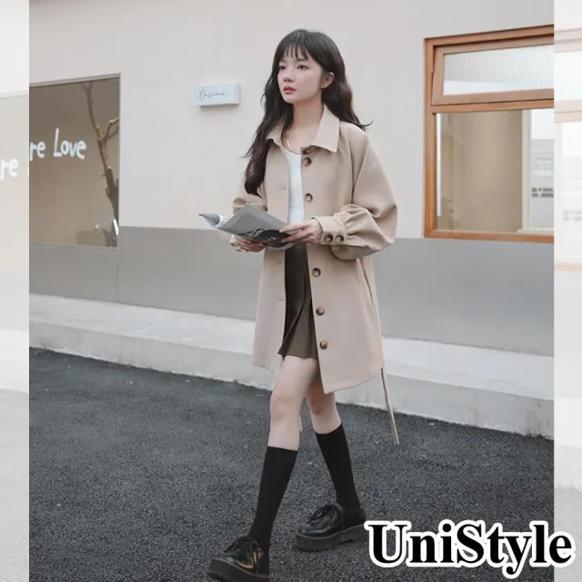 【UniStyle】現貨 簡約長袖風衣 韓版單排釦系帶中長款外套  女 ZMC332-F909(卡其)