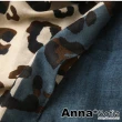 【AnnaSofia】保暖柔軟棉麻感披肩圍巾-拼色豹紋流蘇邊 現貨(藍咖系)
