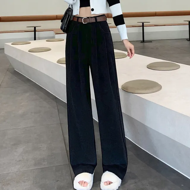 【MsMore】美拉德歐棉絨闊腿休閒寬鬆垂感直筒顯瘦拖地老爺長褲#119956(米白/杏/黑/紅/棕)
