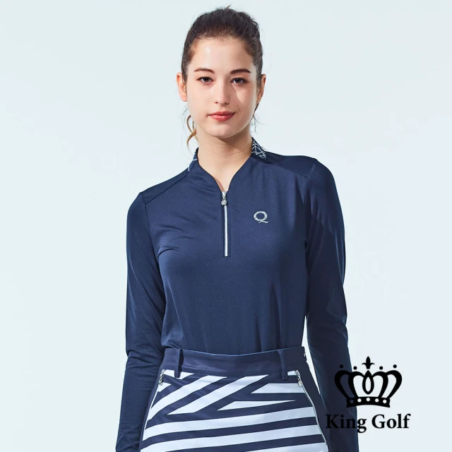 KING GOLFKING GOLF 門市新品-女款素面領片線條感微立領拉鍊上衣長袖上衣POLO衫/高爾夫球衫(藍色)