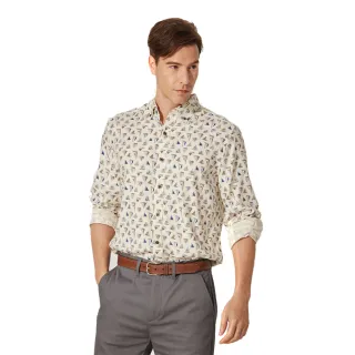 【NAUTICA】男裝 復古風格帆船圖騰長袖襯衫(米白)