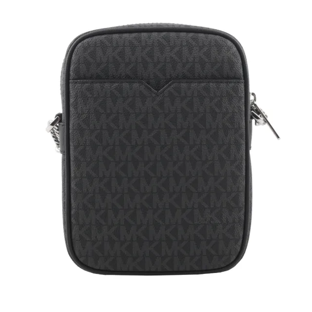 【Michael Kors】銀字滿版塗層帆布拉鍊中款直式斜背包(黑色)