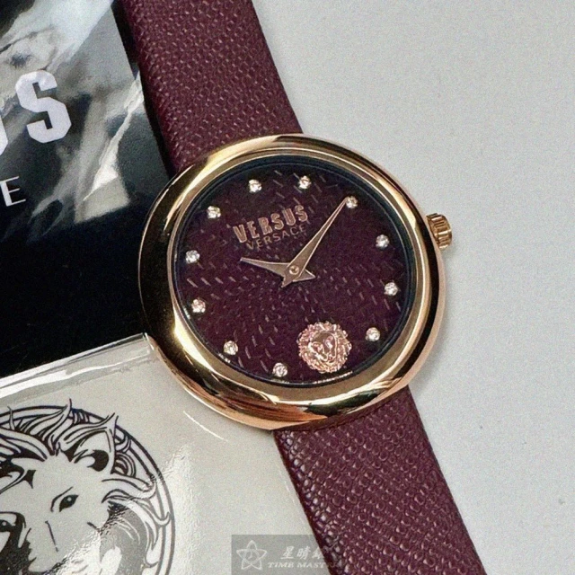 VERSUS VERSUS VERSACE手錶型號VV00375(酒紅色錶面玫瑰金錶殼酒紅色真皮皮革錶帶款)