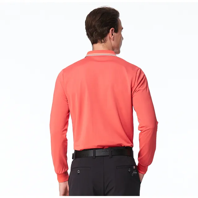 【Jack Nicklaus 金熊】GOLF男款吸濕排汗條紋印花POLO/高爾夫球衫(紅色)