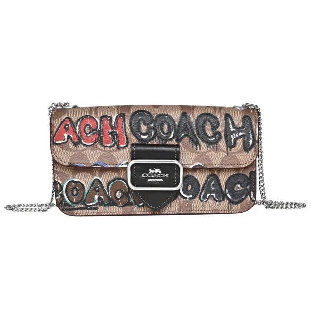 COACH PVC Logo街頭塗鴉文字T釦翻蓋鍊帶橫式斜背