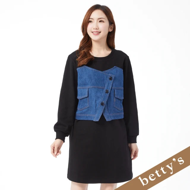 betty’s 貝蒂思 牛仔馬甲拼接膝上洋裝(黑色)