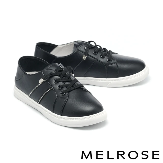 MELROSE 美樂斯 簡約日常水鑽條彈性鞋帶牛皮QQ厚底休閒鞋(黑)