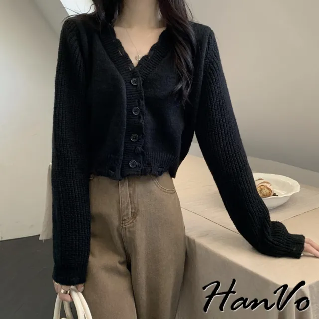 【HanVo】現貨 短版針織個性破洞上衣(設計感V領親膚柔軟衣著 韓系女裝 女生衣著 A02-1955)