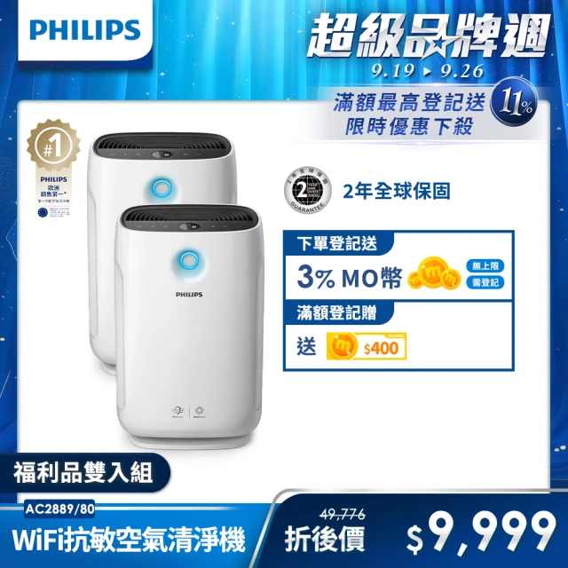 Philips 飛利浦Philips飛利浦 福利品 奈米級濾淨12-15坪★智能WiFix抗敏空氣清淨機(AC2889雙入組)