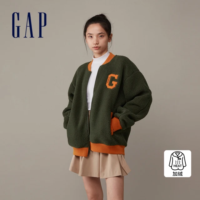 GAP 男女同款 Logo仿羊羔絨立領棒球外套-深綠色(841338)
