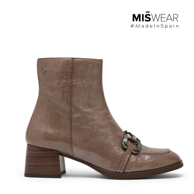 MISWEARMISWEAR 淺褐色亮皮馬銜釦中跟靴(歐美個性時尚)