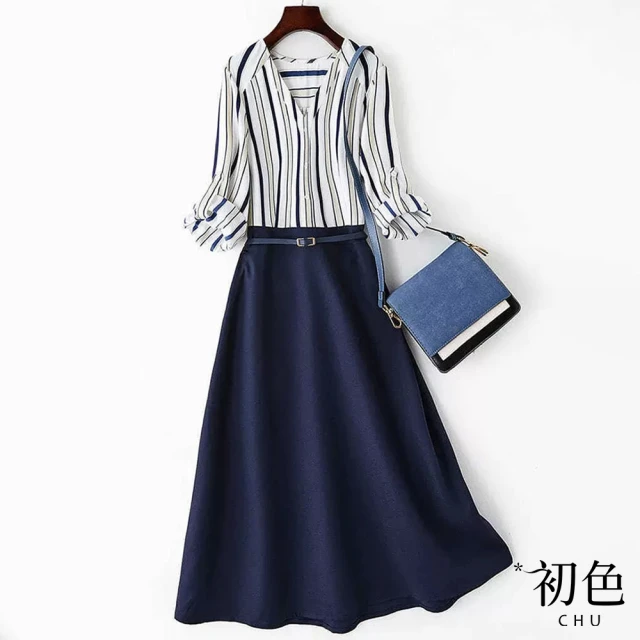 【初色】條紋拼接假兩件V領七分袖折袖A字收腰中長裙連身裙洋裝長洋裝-藍色-30086(M-2XL可選)