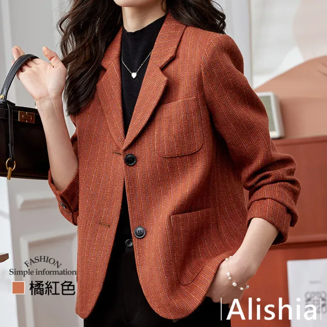 【Alishia】顯瘦條紋短版休閒西裝外套 M-3XL(現+預  杏色 / 橘紅色 / 藍色)