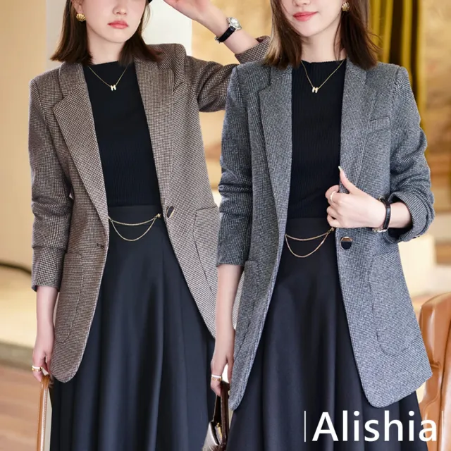 【Alishia】氣質千鳥格長版休閒西裝外套 M-4XL(現+預 灰格 / 咖啡格)