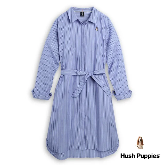 【Hush Puppies】女裝 洋裝 知性直條紋綁帶襯衫領洋裝(淺藍 / 34215107)