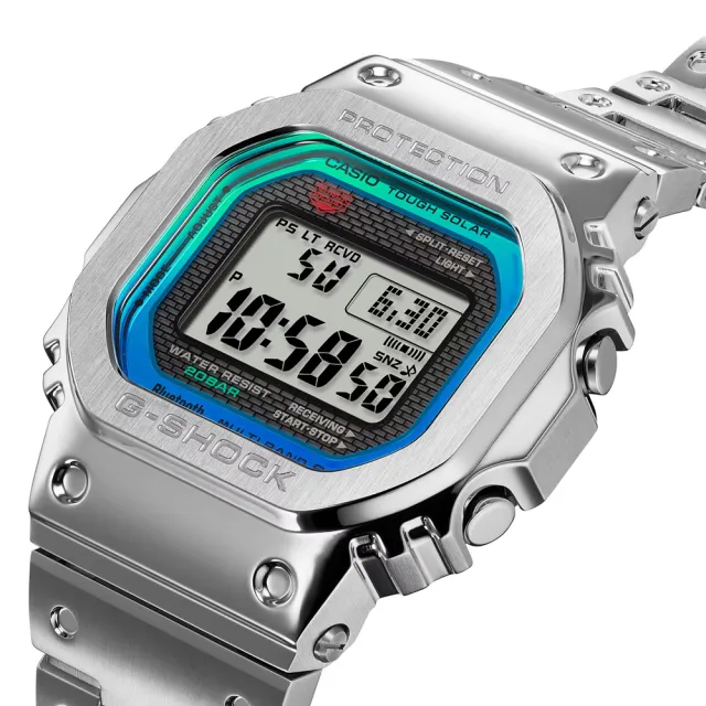 CASIO 卡西歐】G-SHOCK 彩虹光譜太陽能智慧藍芽全金屬方形電子錶-銀