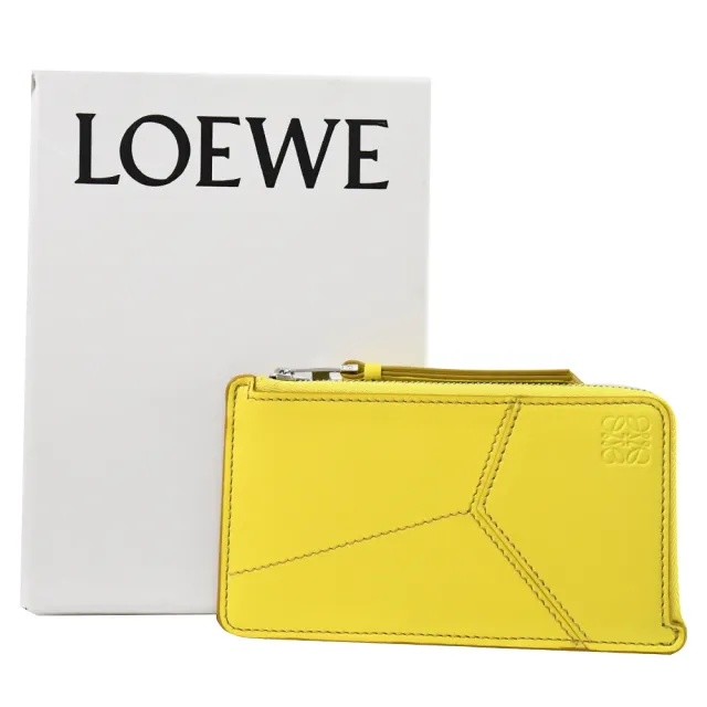 【LOEWE 羅威】PUZZLE 經典烙印LOGO幾何拼接小牛皮信用卡名片零錢包(黃)