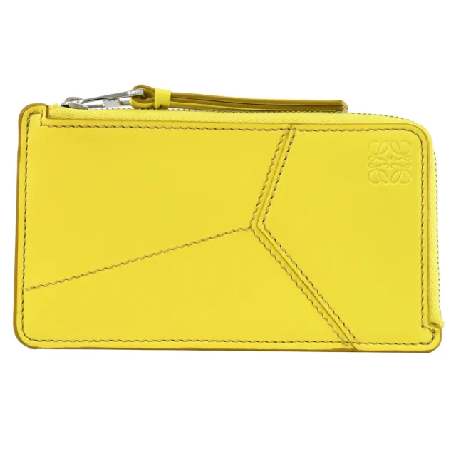【LOEWE 羅威】PUZZLE 經典烙印LOGO幾何拼接小牛皮信用卡名片零錢包(黃)