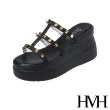 【HMH】坡跟拖鞋 厚底拖鞋 縷空拖鞋/時尚鉚釘縷空線條坡跟厚底拖鞋(黑)