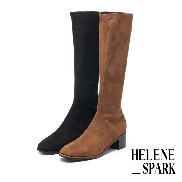 【HELENE_SPARK】極簡時髦純色彈力絨布方頭高跟長靴(咖)
