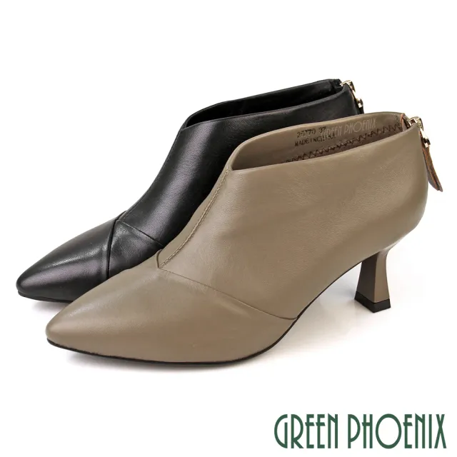 【GREEN PHOENIX 波兒德】女靴 踝靴 短靴 高跟 尖頭 小羊皮 真皮 乳膠鞋墊(灰色、黑色)