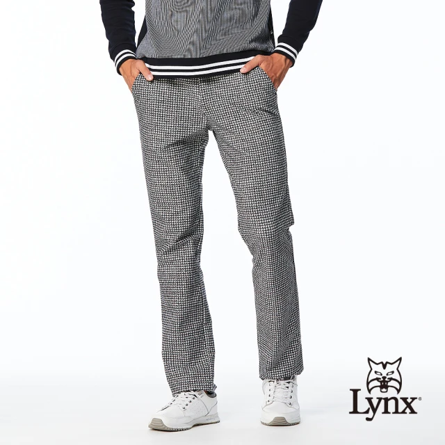 Lynx Golf 男款日本進口布料彈性舒適保暖經典時尚千鳥紋路造型平口微窄管休閒長褲(灰色)