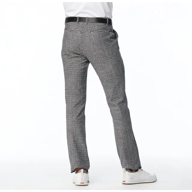 【Lynx Golf】男款日本進口布料彈性舒適保暖經典時尚千鳥紋路造型平口微窄管休閒長褲(灰色)