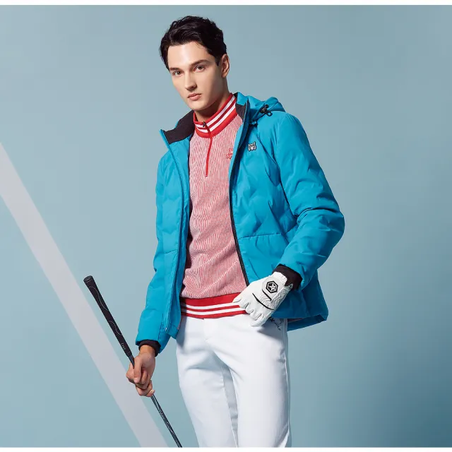 【Lynx Golf】男款保暖防風羽絨壓紋剪裁配布設計後背3M反光印花拉鍊口袋長袖可拆式連帽外套(二色)