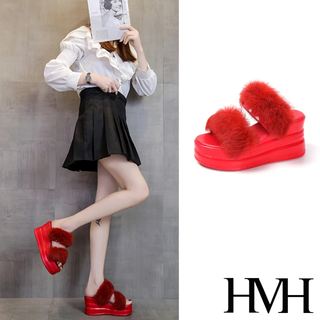 【HMH】厚底拖鞋 坡跟拖鞋 一字拖鞋/可愛毛毛一字帶坡跟厚底拖鞋(紅)
