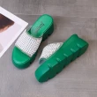 【HMH】坡跟拖鞋 厚底拖鞋 美鑽拖鞋/華麗美鑽貼面造型厚底坡跟拖鞋(綠)