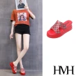 【HMH】坡跟拖鞋 厚底拖鞋 撞色拖鞋/縷空幾何美鑽撞色格子造型坡跟厚底拖鞋(紅)