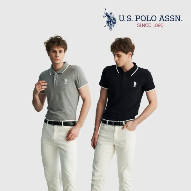 【U.S. POLO ASSN.】男款中馬短袖POLO衫(領片線條)