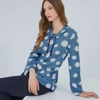 【ILEY 伊蕾】波點抽繩造型領長版上衣(藍色；M-2L；1234251601)