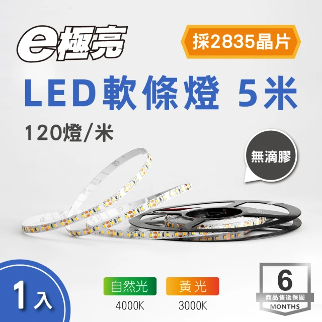 【E極亮】LED 12V 2835晶片 5米 軟條燈 鋁槽燈具 黃光 自然光(1米120顆燈 燈條)
