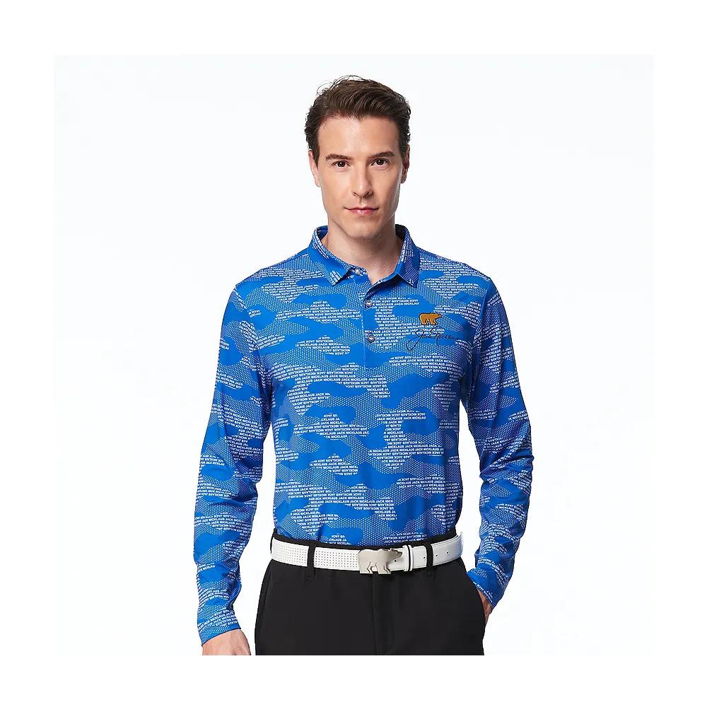 【Jack Nicklaus 金熊】GOLF男款彈性數位印花吸濕排汗POLO衫/高爾夫球衫(藍色)