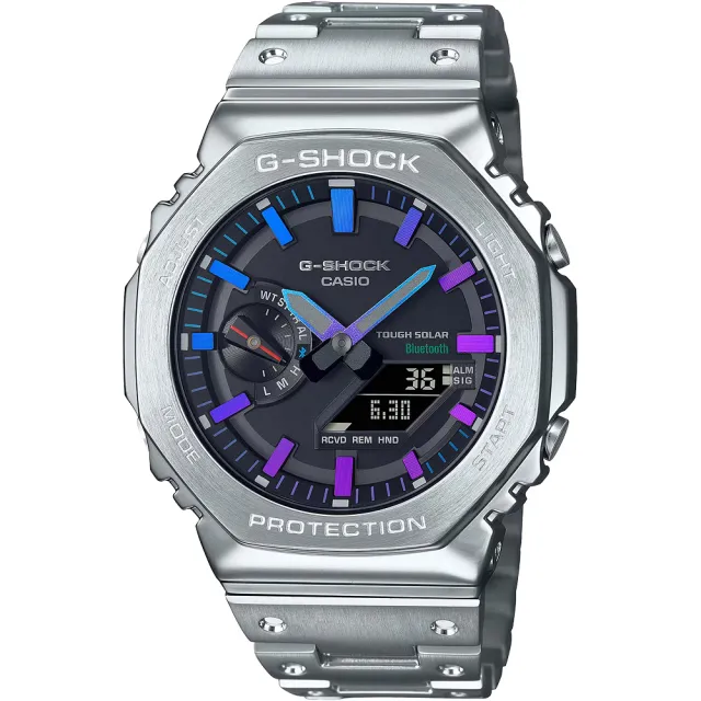 CASIO 卡西歐】G-SHOCK 彩虹光譜八角農家橡樹全金屬太陽能藍芽雙顯手錶