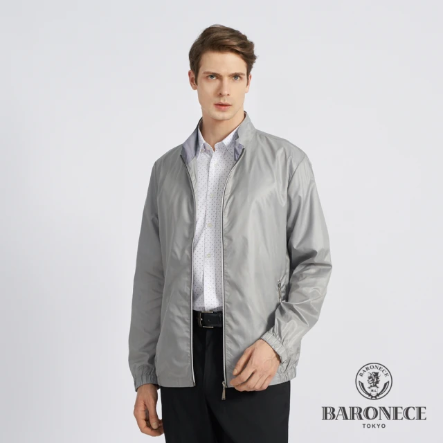 BARONECE 百諾禮士 男款 進口素材抗UV網紋印花立領薄夾克外套-灰色(1198601-83)
