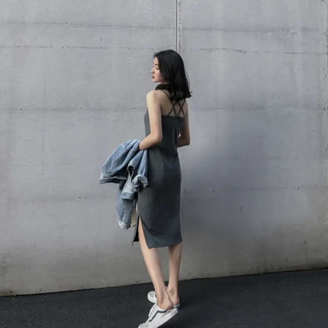 【D.studio】韓版開叉氣質顯瘦長版吊帶洋裝(連衣裙 連身裙 上衣 套裝 女裝 裙裝 短袖洋裝 S186)