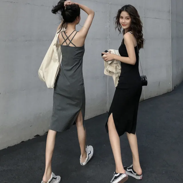 【D.studio】韓版開叉氣質顯瘦長版吊帶洋裝(連衣裙 連身裙 上衣 套裝 女裝 裙裝 短袖洋裝 S186)