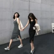 【D.studio】韓版開叉氣質顯瘦長版吊帶洋裝(連衣裙 連身裙 上衣 套裝 女裝 裙裝 短袖洋裝 S186)