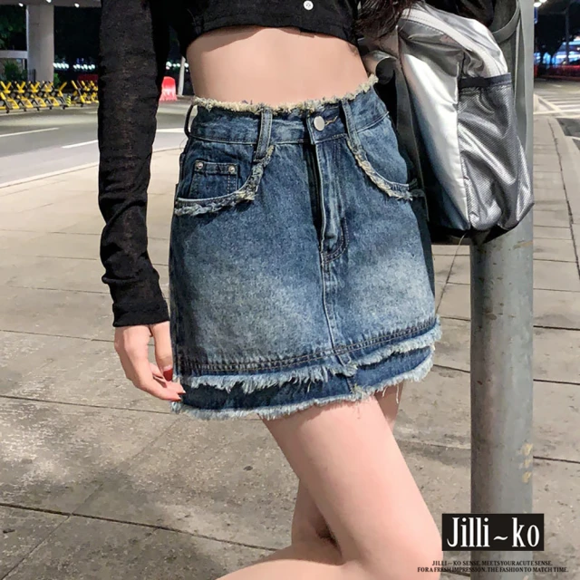 JILLI-KO 高腰A字型半身合身毛邊牛仔包臀短裙-M/L/XL(藍)