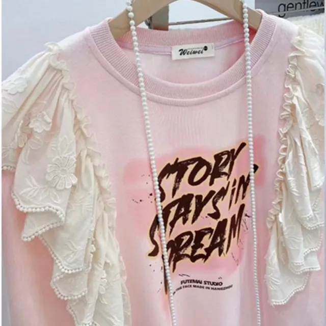【BBHONEY】空氣棉蕾絲花邊印花棉TEE(秋冬長袖上衣)