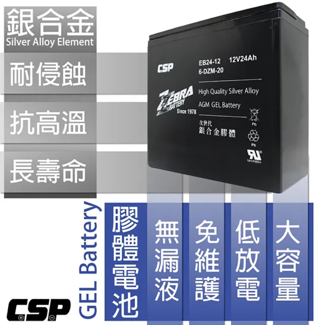 【ZEBRA 斑馬牌】EB24-12 x4顆 銀合金膠體電池12V24Ah(等同6-DZM-20.電動車電池 REC22-12 WP2)