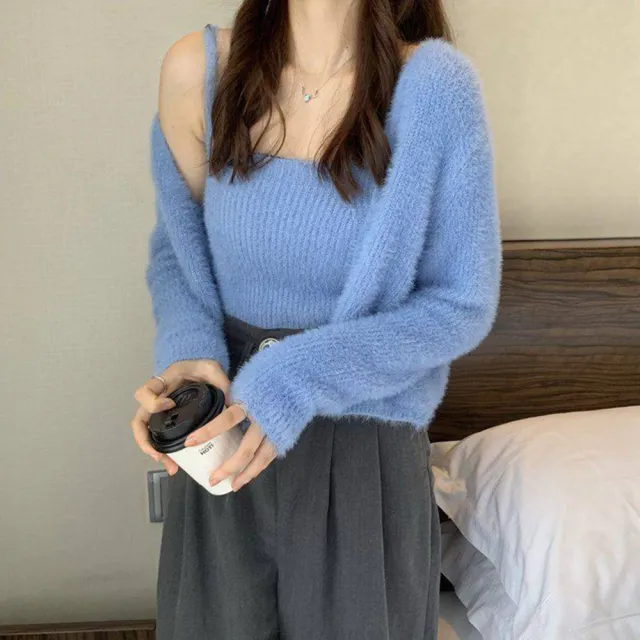 【D.studio】韓版氣質飄飄柔軟毛毛背心+毛毛外套(套裝上衣女裝衣服小可愛短版上衣針織上衣 J234)