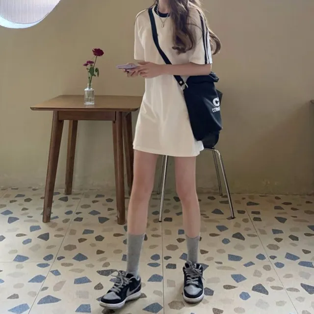 【D.studio】韓版小個子顯瘦休閒中長款連衣裙(洋裝套裝連身裙短袖上衣短袖t恤女裝寬鬆上衣S203)