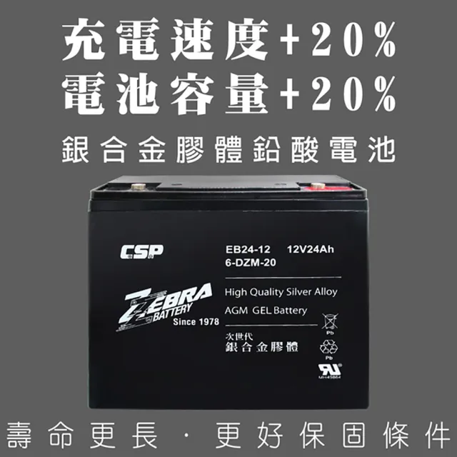 【ZEBRA 斑馬牌】EB24-12 單顆出貨 銀合金膠體電池12V24Ah(等同6-DZM-20.電動車電池 REC22-12 WP2)