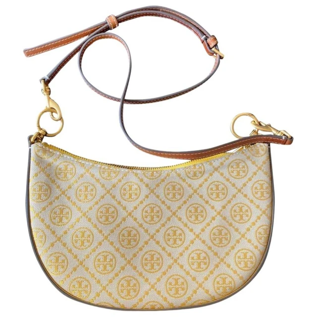 TORY BURCH TORY BURCH 專櫃款 T MONOGRAM緹花LOGO織布拉鍊半月包 黃色