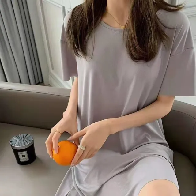 【D.studio】韓版薄款冰絲涼感寬鬆垂感連衣裙(睡衣居家服短袖上衣短袖t恤女裝衣服寬鬆上衣素T T575)