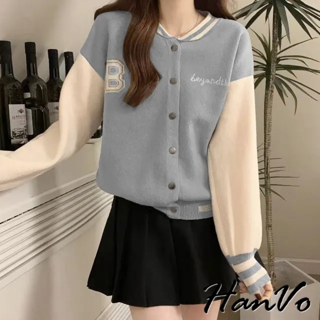 【HanVo】現貨 撞色拼接字母針棒球服外套(寬鬆休閒百搭針織 韓系女裝 女生衣著 A07-1980)
