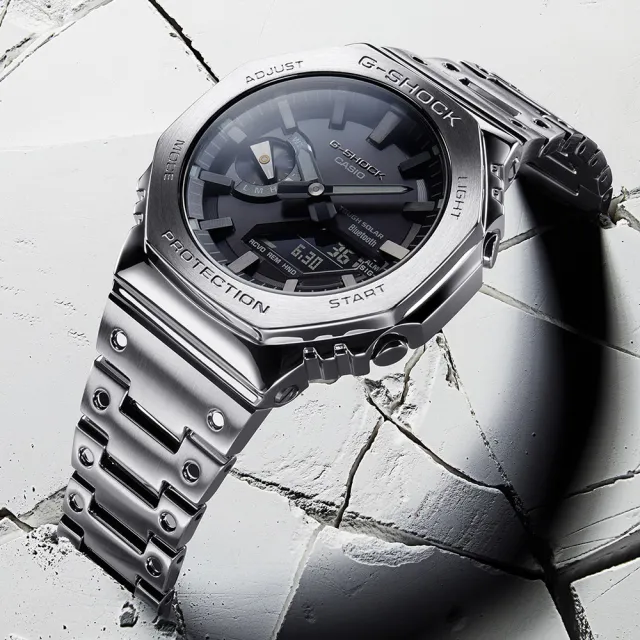 【CASIO 卡西歐】G-SHOCK 太陽能藍牙 金屬八角防護構造雙顯錶 情人節 送禮(GM-B2100D-1A)